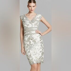 Tadashi Shoji Embroidered Lace & Sequin V-Neck Off-White Sheath Dress Size 0